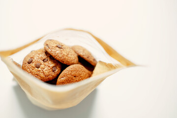 oatmeal cookies with chocolate. Chocolate chip cookies in a bag. Sweet snack.
