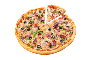 Hunting pizza. Cream sauce, Mozzarella cheese, Pickled gherkins, Olives, Hunting sausages, Cervelat, Oregano. White background. Isolated. Close-up.