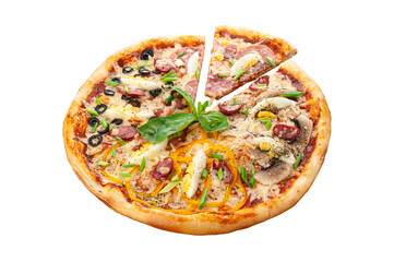 Pizza four seasons. Tomato sauce, Olives, Mozzarella cheese, Bulgarian pepper, Fresh champignons, Egg, Ham, Greenhouse tomatoes, Pepperoni sausages, Oregano White background. Isolated. Close-up.