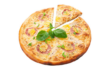 Hawaiian pizza. Cream sauce, Ham, Chicken fillet, Canned pineapple, Oregano, Mozzarella cheese. White background. Isolated. Close-up.