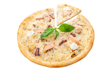 Pizza with seafood. Creamy sauce, Tiger shrimp, mussels, Salmon, Octopus, Mozzarella cheese, Oregano. White background. Isolated. Close-up.