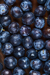 Bunch of garden plums on wooden platter, close up