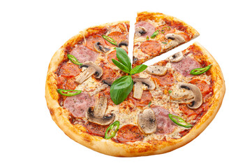 Diablo pizza. Tomato sauce, Jalapeno pepper, Fresh chili pepper, Cervelat, Mozzarella cheese, Fresh champignons, Oregano. White background. Isolated. Close-up.