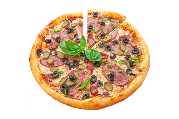 Pizza with creamy sauce, Mozzarella cheese, Pickled gherkins, Olives, Hunting sausages, Cervelat, Oregano White background. Isolated. Close-up.