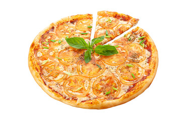 Pizza Margarita. With Mozzarella cheese, Tomato sauce, Tomatoes, Oregano. White background. Isolated. Close-up.