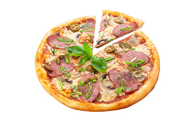 Pizza. Tomato sauce, Jalapeno pepper, Fresh chili pepper, Cervelat, Mozzarella cheese, Fresh champignons, Oregano. White background. Isolated. Close-up.