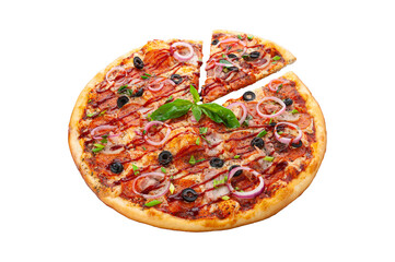 BBQ pizza. Cream sauce, Red onion, Cold-smoked bacon, Hunting sausages, Mozzarella cheese, Oregano, BBQ sauce, Olives. White background. Isolated. Close-up.