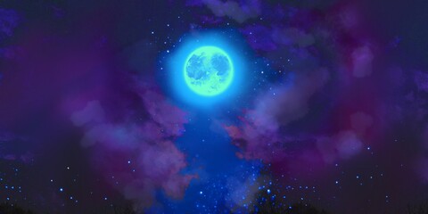 Blue full moon in the night sky