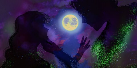 A princess and an enchanted prince parting with the moon in the background.