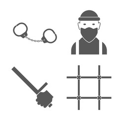 Crime, criminal icon set. Criminal, handcuffs, police baton, prison bars. Flat vector illustration isolated on white.