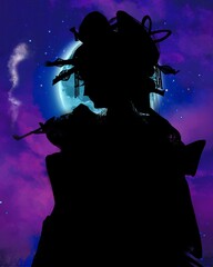 Silhouette of a Japanese geisha having a Japanese smoke pipe in the night sky
