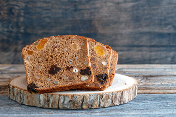 Cereal bread with dried apricots, nuts and prunes.