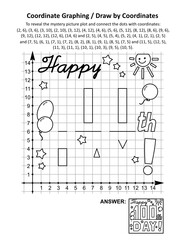 100th day of school learning celebration coordinate graphing, or draw by coordinates, and coloring page math worksheet with “Happy 100th day!” greeting mystery picture. Answer included.
