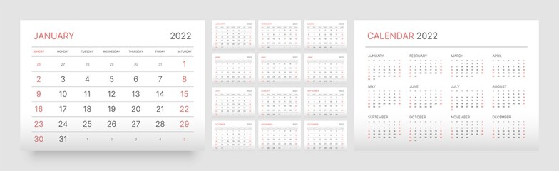 Wall or desk calendar template for 2022 with week start on Sunday.