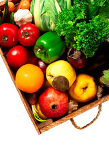 Assortment of fruits and vegetables, in a wooden box, close, vertical, no people,