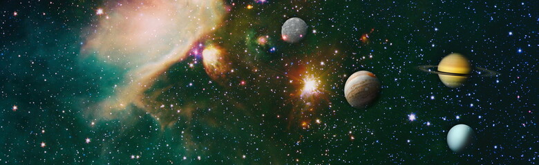 Sun, mercury, Venus, planet earth, Mars, Jupiter, Saturn, Uranus, Neptune. Solar system planet, comet, sun and star. Elements of this image furnished by NASA. © Maximusdn