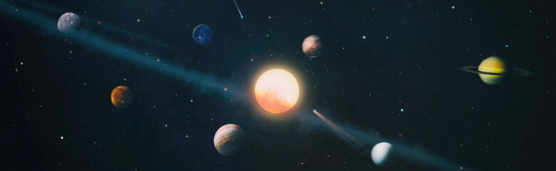 Sun, mercury, Venus, planet earth, Mars, Jupiter, Saturn, Uranus, Neptune. Solar system planet,...