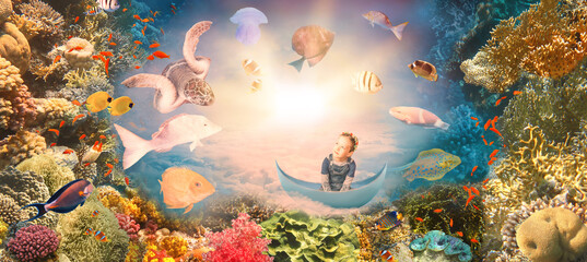 Creative art collage about childhood and dream concept. Underwater world and coral fish at sea reef. Conceptual image of beautiful little girl floating in a boat among the clouds and dreaming