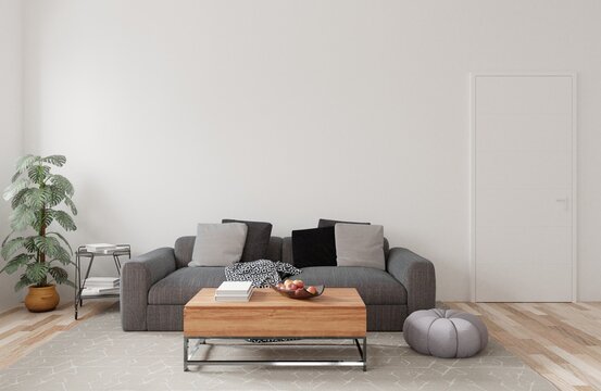 Modern living room interior design. gray sofa on white wall.
