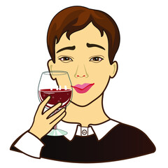 drunk men holds a wine glass of champagne or other alcohol in his hand, simplistic facial expression vector illustration, cartoon character