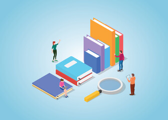 book search concept with books collection and people searching with modern isometric style