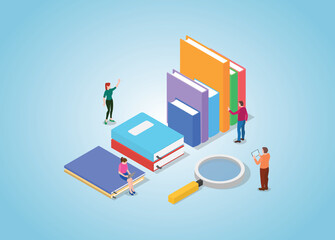 Fototapeta premium book search concept with books collection and people searching with modern isometric style