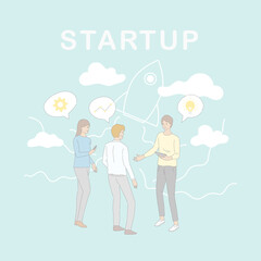 Business Start Up Concept for web page, banner, presentation, social media. Team of young businessmen women lauching shared startup together. Vector illustration.