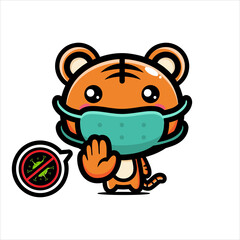 Vector design of cute cartoon tiger animal wearing a mask against the virus