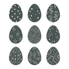 Dark, chocolate Easter eggs decorated with simple ornamentation. Spring holiday. Flat design, vector illustration