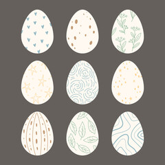 Set of Easter eggs with linear abstract and floral pattern. Dark background. Happy Easter. Vector Illustration.