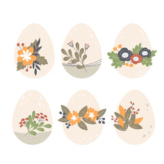 Easter eggs decorated with flowers, leaves and berries. Happy Easter. Flat design, vector illustration