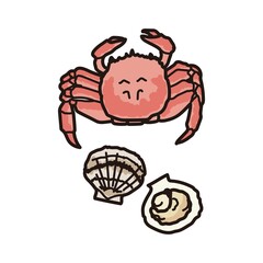 カニと帆立の手描き風イラスト（カラー）