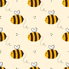 Cute cartoon style flying bee character and dots vector seamless pattern background for spring, summer design.

