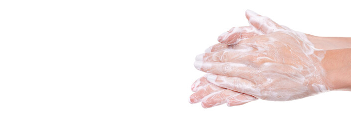 Washing hands with soap, foam on skin, isolated on white background.