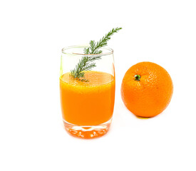 A glass with freshly squeezed orange juice on a white background.