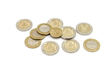 Metal coins of the Republic of Kazakhstan on a white background.Money of Kazakhstan isolated on a white background.