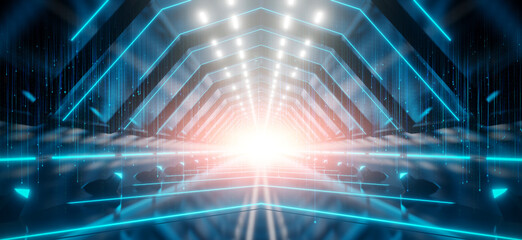 Obraz premium Abstract interior sci-fi spaceship corridors. futuristic design spaceship interior in blue background. 3d rendering.