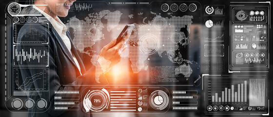 Global finance analysis and big data research concept . Futuristic screen showing large statistic information for business and marketing decision making .