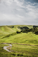 Obraz premium Endless steppe in the valley at the foot of the mountains, bathed in bright sunlight. Amazing view on green mountains. mountain, covered with green trees, under a blue sky with clouds.