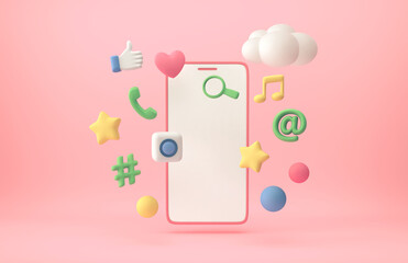 Smartphone with application icons and cloud on pastel pink background
