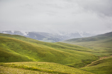 Naklejka premium Endless steppe in the valley at the foot of the mountains, bathed in bright sunlight. Amazing view on green mountains. mountain, covered with green trees, under a blue sky with clouds.