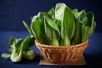 Fresh Bok Choy or Pak Choi(Chinese cabbage) in a basket, Organic vegetables