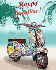 Happy vacation poster with hippie vintage scooter.