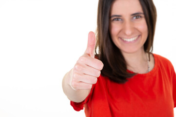 blurred woman giving thumbs up on white background