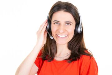 woman in call center tele phone marketer looking at camera isolated on white background