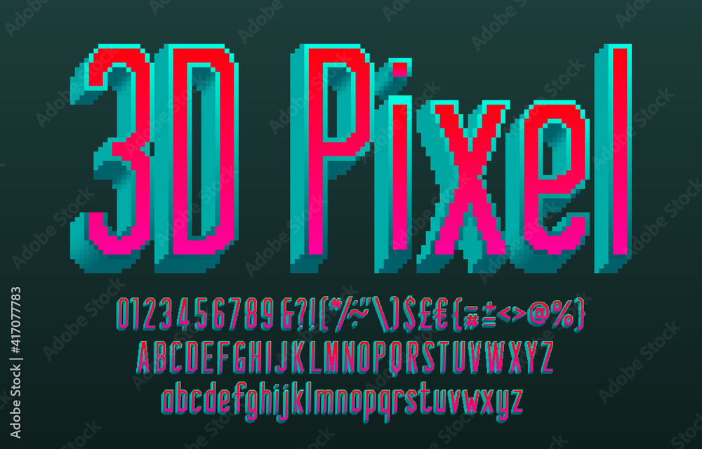 Poster 3d pixel alphabet font. digital narrow letters, numbers and punctuations. uppercase and lowercase. 8