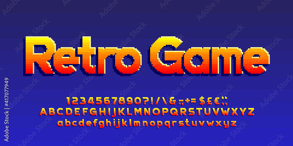 Poster Retro Game alphabet font. Pixel letters, numbers and punctuations. Uppercase and lowercase. 80s arcade video game typescript.