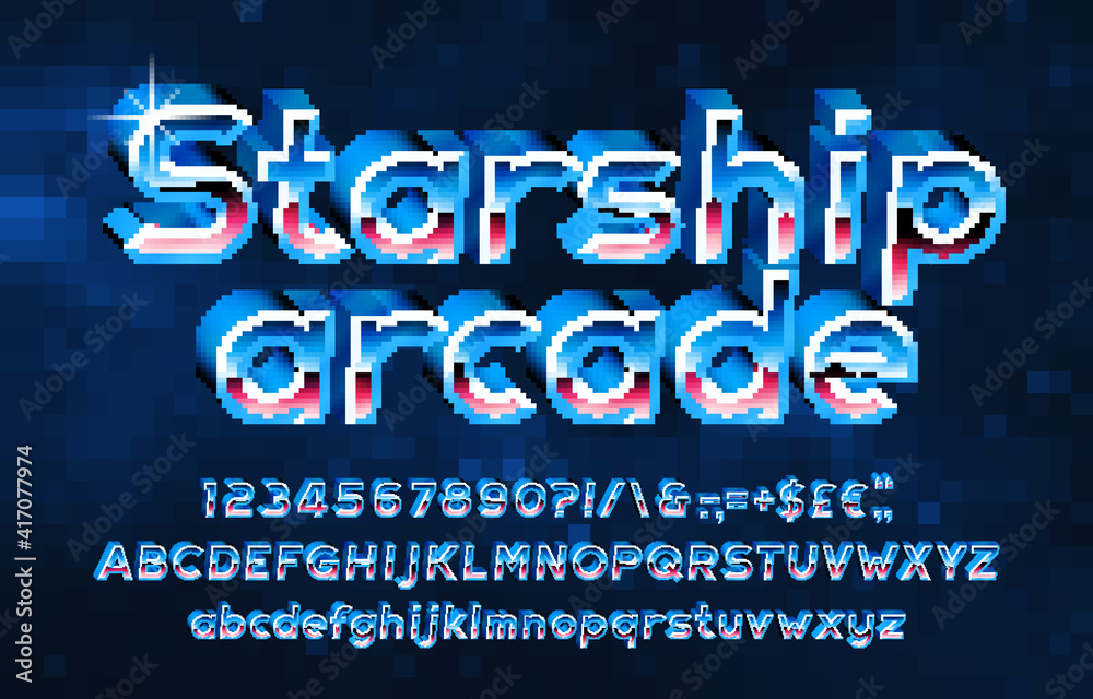 Fototapete starship arcade alphabet font. pixel 3d letters, numbers and punctuations. pixel background. 80s arc
