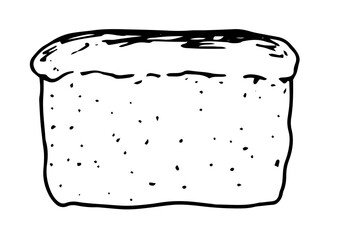 Vector isolated drawing of a whole loaf of bread brick side view, drawn in doodle style with black line texture dots for bakery design template and bread packaging and label
