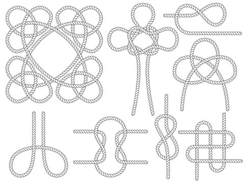 Set of nautical rope knots. Marine rope knot